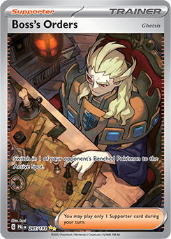 Special illustration rare Pokémon card Boss's Orders [Ghetsis] 265/193 from Paldea Evolved expansion